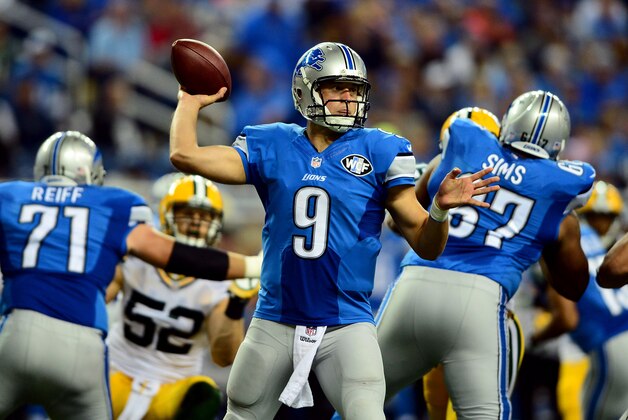 Sep 21, 2014; Detroit, MI, USA; Detroit Lions quarterback Matthew Stafford (9) throws a pass during the second quarter against the Green Bay Packers at Ford Field. Mandatory Credit: Andrew Weber-USA TODAY Sports
