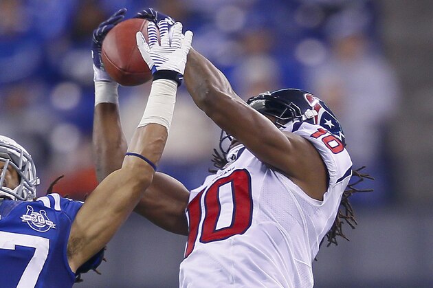 INDIANAPOLIS, IN - DECEMBER 15: Josh Gordy #27 of the Indianapolis Colts and DeAndre Hopkins #10 of the Houston Texans go up for a pass at Lucas Oil Stadium on December 15, 2013 in Indianapolis, Indiana. Indianapolis defeated Houston 25-3. (Photo by Michael Hickey/Getty Images)