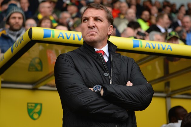 NORWICH, ENGLAND - APRIL 20:  Manager Brendan Rodgers of Liverpool looks on during the Barclays Premier League match between Norwich City and Liverpool at Carrow Road on April 20, 2014 in Norwich, England.  (Photo by Michael Regan/Getty Images)