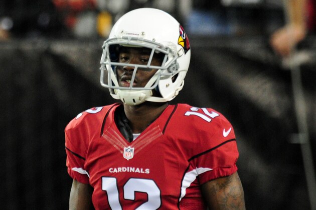 Sep 8, 2014; Glendale, AZ, USA; Arizona Cardinals wide receiver John Brown (12) looks on prior to the game against the San Diego Chargers at University of Phoenix Stadium. Mandatory Credit: Matt Kartozian-USA TODAY Sports
