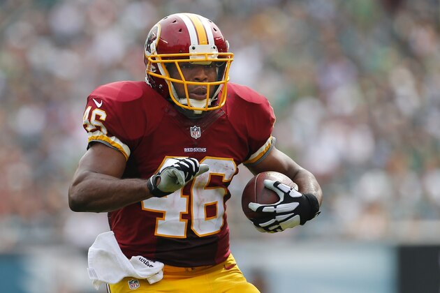 PHILADELPHIA, PA - SEPTEMBER 21: Alfred Morris #46 of the Washington Redskins runs with the ball against the Philadelphia Eagles during the first quarter of a football game at Lincoln Financial Field on September 21, 2014 in Philadelphia, Pennsylvania. (Photo by Rich Schultz /Getty Images)