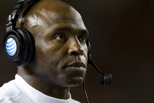 AUSTIN, TX - AUGUST 30:  Texas Longhorns head coach Charlie Strong looks on against the North Texas Mean Green on August 30, 2014 at Darrell K Royal-Texas Memorial Stadium in Austin, Texas.  (Photo by Cooper Neill/Getty Images)