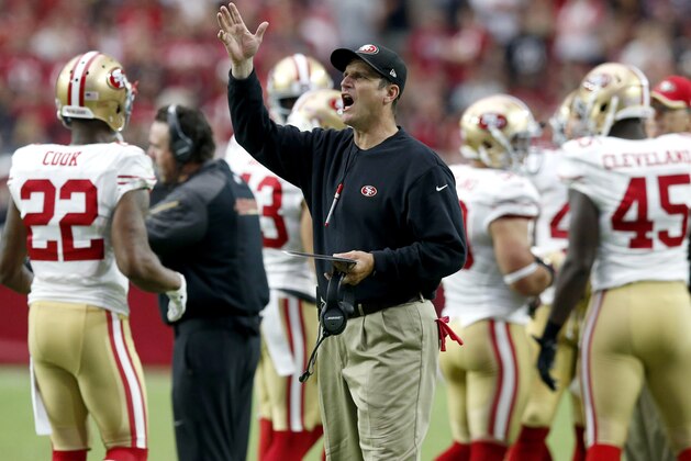 San Francisco 49ers head coach Jim Harbaugh yells to the officials during the second half of an NFL football game against the Arizona Cardinals, Sunday, Sept. 21, 2014, in Glendale, Ariz. (AP Photo/Ross D. Franklin)