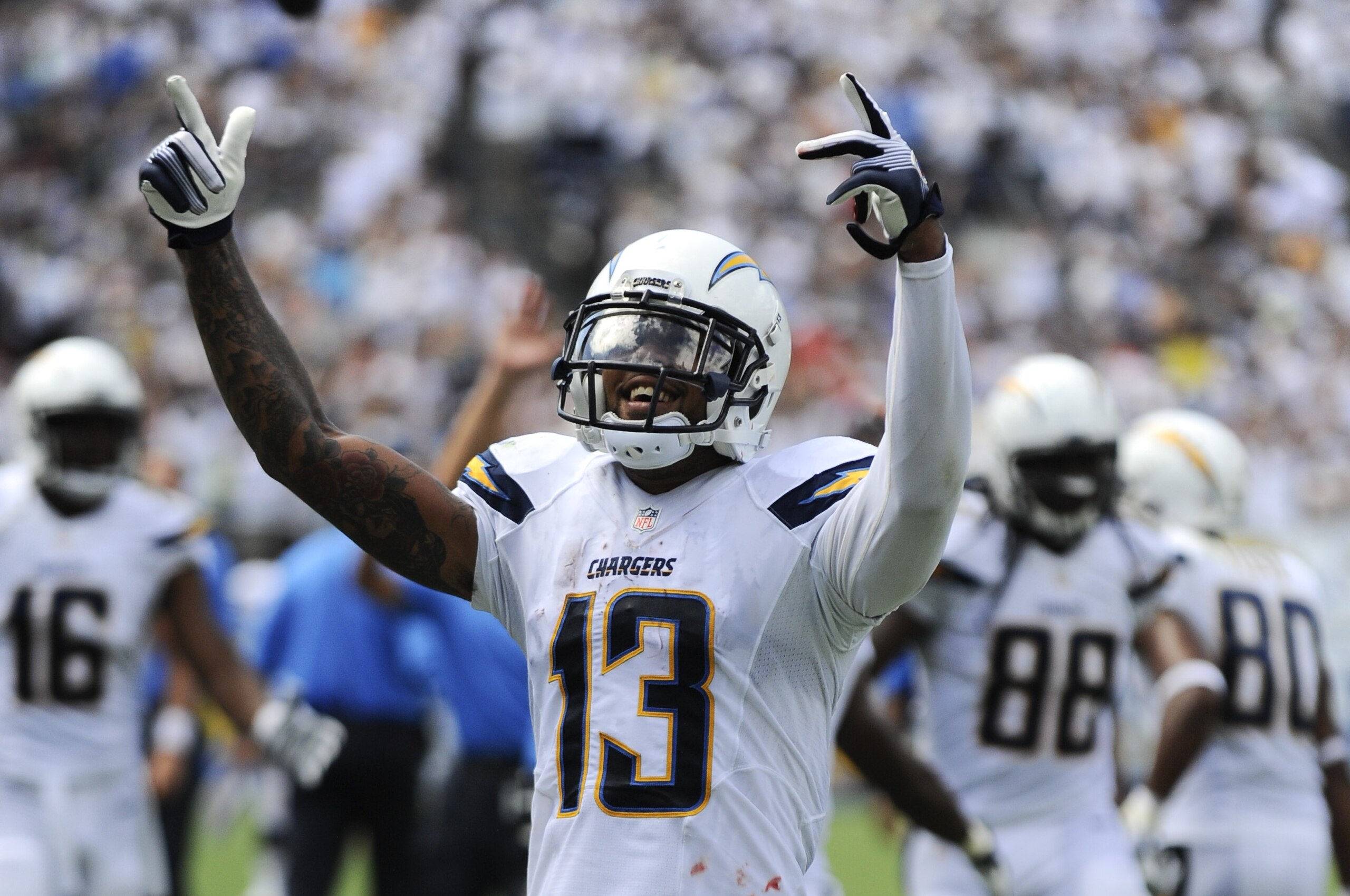 San Diego Chargers wide receiver Keenan Allen celebrates during the first half of an NFL football game against the Seattle Seahawks on Sunday, Sept. 14, 2014, in San Diego. (AP Photo/Denis Poroy)