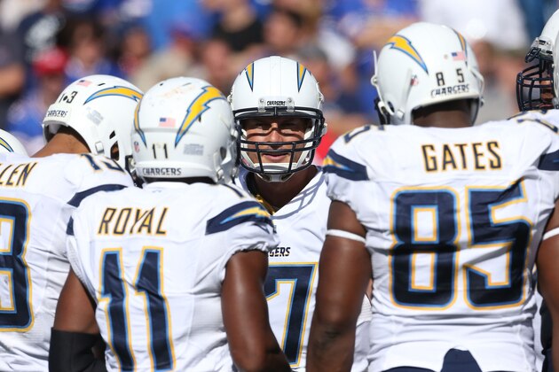 ORCHARD PARK, NY - SEPTEMBER 21:  Philip Rivers #17 of the San Diego Chargers talks in the huddle during the second halfagainst the Buffalo Bills at Ralph Wilson Stadium on September 21, 2014 in Orchard Park, New York.  (Photo by Tom Szczerbowski/Getty Images)