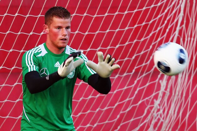 TEL AVIV, ISRAEL - JUNE 04:  Goalkeeper Timo Horn catches the ball during a Germany U21 training session at Hodorov training ground on June 4, 2013 in Tel Aviv, Israel.  (Photo by Alex Grimm/Getty Images)