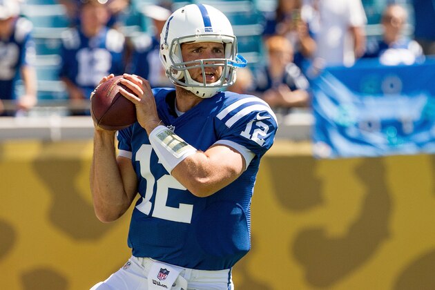 JACKSONVILLE, FL - SEPTEMBER 21: Andrew Luck #12 of the Indianapolis Colts warms up before the game against the Jacksonville Jaguars at EverBank Field on September 21, 2014 in Jacksonville, Florida.  (Photo by Rob Foldy/Getty Images)