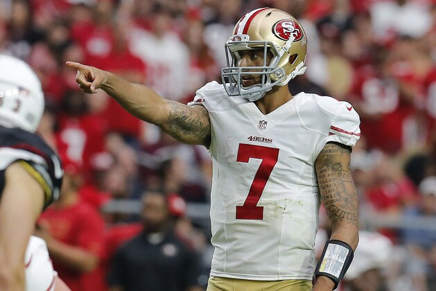 San Francisco 49ers quarterback Colin Kaepernick (7) during the first half of an NFL football game against the Arizona Cardinals, Sunday, Sept. 21, 2014, in Glendale, Ariz. (AP Photo/Rick Scuteri)