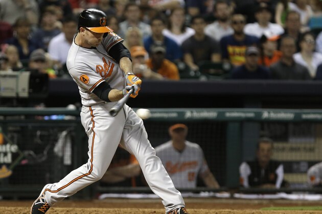 Baltimore Orioles' J.J. Hardy hits into a double play against the Houston Astros in the eighth inning of a baseball game Wednesday, June 5, 2013, in Houston. (AP Photo/Pat Sullivan)