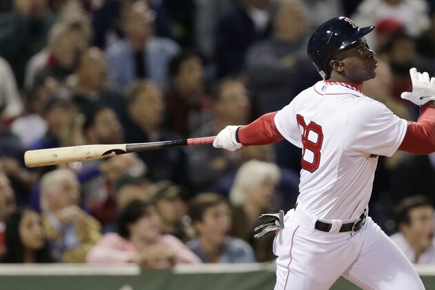 Boston Red Sox' Rusney Castillo watches the flight of his three-run home run off Tampa Bay Rays relief pitcher Steven Geltz during the third inning of a baseball game at Fenway Park in Boston, Thursday, Sept. 25, 2014. (AP Photo/Charles Krupa)