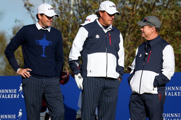 AUCHTERARDER, SCOTLAND - SEPTEMBER 26:  Phil Mickelson (C) of the United States with partner Keegan Bradley (L) talk to United States team captain Tom Watson on the 6th tee during the Morning Fourballs of the 2014 Ryder Cup on the PGA Centenary course at the Gleneagles Hotel on September 26, 2014 in Auchterarder, Scotland.  (Photo by Mike Ehrmann/Getty Images)