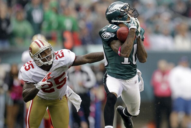 Philadelphia Eagles wide receiver DeSean Jackson (10) catches a pass as he is covered by San Francisco 49ers cornerback Tarell Brown (25) in the second half of an NFL football game Sunday, Oct. 2, 2011 in Philadelphia. (AP Photo/Julio Cortez) Philadelphia Eagles wide receiver DeSean Jackson (10) catches a pass as he is covered by San Francisco 49ers cornerback Tarell Brown (25) in the second half of an NFL football game Sunday, Oct. 2, 2011 in Philadelphia. (AP Photo/Julio Cortez)