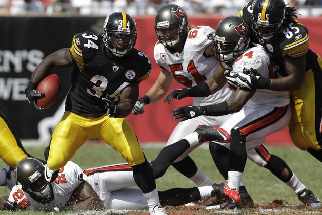 Pittsburgh Steelers running back Rashard Mendenhall (34) runs against the Tampa Bay Buccaneers during an NFL football game Sunday, Sept. 26, 2010, in Tampa, Fla. (AP Photo/Chris O'Meara)