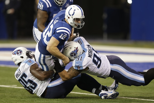 Indianapolis Colts' Andrew Luck (12) is sacked by Tennessee Titans' Kamerion Wimbley (95) and Derrick Morgan (91) during the first half of an NFL football game Sunday, Dec. 1, 2013, in Indianapolis. (AP Photo/Michael Conroy)