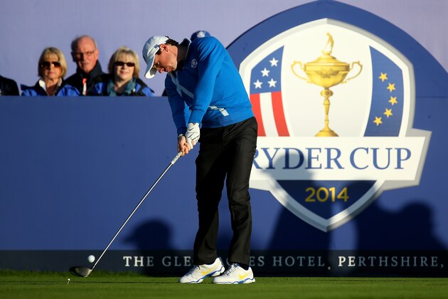AUCHTERARDER, SCOTLAND - SEPTEMBER 26:  Rory McIlroy of Europe hits his tee shot on the 1st hole during the Morning Fourballs of the 2014 Ryder Cup on the PGA Centenary course at the Gleneagles Hotel on September 26, 2014 in Auchterarder, Scotland.  (Photo by Mike Ehrmann/Getty Images)