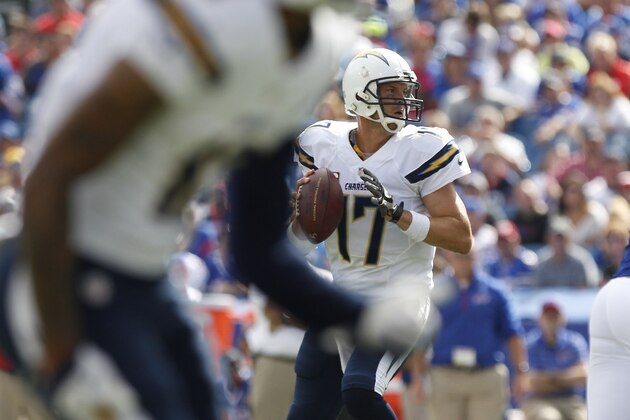 San Diego Chargers quarterback Philip Rivers (17) looks to throw a pass during the first half of an NFL football game against the Buffalo Bills Sunday, Sept. 21, 2014, in Orchard Park, N.Y. (AP Photo/Bill Wippert)