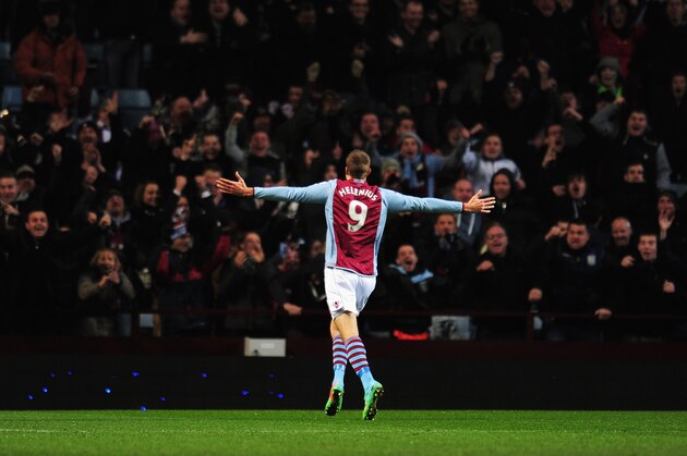 BIRMINGHAM, ENGLAND - JANUARY 04: Nicklas Helenius of Aston Villa celebrates his goal during the Budweiser FA Cup third round match between Aston Villa and Sheffield United at Villa Park on January 4, 2014 in Birmingham, England.  (Photo by Shaun Botterill/Getty Images)