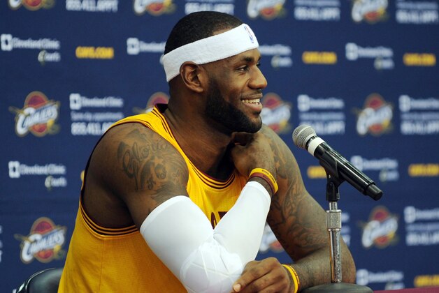 Sep 26, 2014; Cleveland, OH, USA; Cleveland Cavaliers forward LeBron James (23) talks with the media during media day during media day at Cleveland Clinic Courts. Mandatory Credit: Ken Blaze-USA TODAY Sports