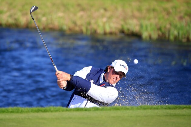 AUCHTERARDER, SCOTLAND - SEPTEMBER 26: Phil Mickelson of the United States plays from a bunker on the 2nd hole during the Afternoon Foursomes of the 2014 Ryder Cup on the PGA Centenary course at the Gleneagles Hotel on September 26, 2014 in Auchterarder, Scotland.  (Photo by Harry How/Getty Images)