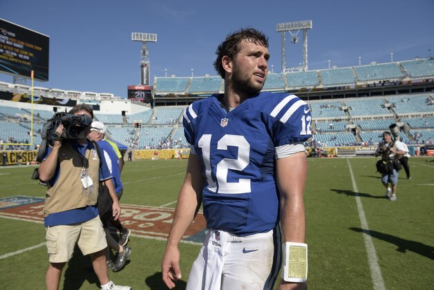 Indianapolis Colts quarterback Andrew Luck (12) leaves the field after an NFL football game against the Jacksonville Jaguars in Jacksonville, Fla., Sunday, Sept. 21, 2014.(AP Photo/Phelan M. Ebenhack)