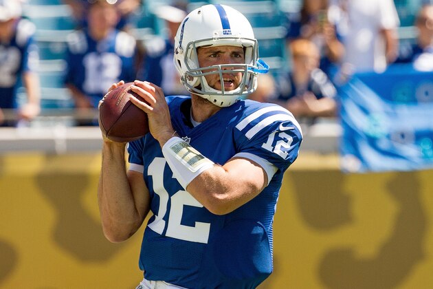 JACKSONVILLE, FL - SEPTEMBER 21: Andrew Luck #12 of the Indianapolis Colts warms up before the game against the Jacksonville Jaguars at EverBank Field on September 21, 2014 in Jacksonville, Florida.  (Photo by Rob Foldy/Getty Images)