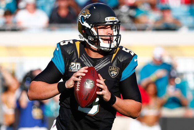 JACKSONVILLE, FL - AUGUST 28:  Blake Bortles #5 of the Jacksonville Jaguars attempts a pass during the preseason NFL game against the Atlanta Falcons at EverBank Field on August 28, 2014 in Jacksonville, Florida.  (Photo by Sam Greenwood/Getty Images)