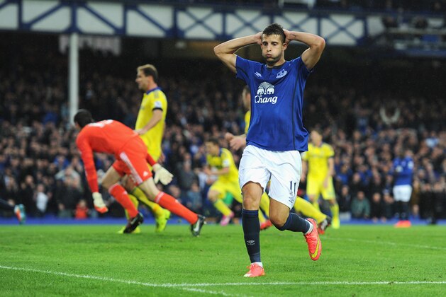 LIVERPOOL, ENGLAND - AUGUST 30: Kevin Mirallas of Everton reacts during the Barclays Premier League match between Everton and Chelsea at Goodison Park on August 30, 2014 in Liverpool, England.  (Photo by Chris Brunskill/Getty Images)