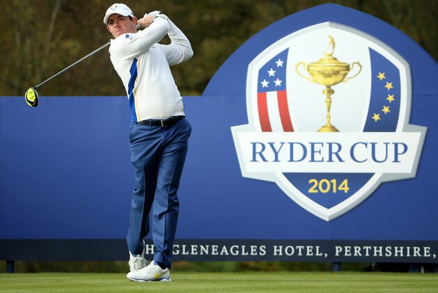AUCHTERARDER, SCOTLAND - SEPTEMBER 27:  Rory McIlroy of Europe tees off on the 7th hole during the Morning Fourballs of the 2014 Ryder Cup on the PGA Centenary course at the Gleneagles Hotel on September 27, 2014 in Auchterarder, Scotland.  (Photo by Ross Kinnaird/Getty Images)