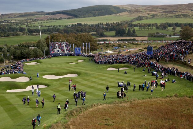 AUCHTERARDER, SCOTLAND - SEPTEMBER 27: A general view overlooking the 8th green during the Afternoon Foursomes of the 2014 Ryder Cup on the PGA Centenary course at the Gleneagles Hotel on September 27, 2014 in Auchterarder, Scotland.  (Photo by Ross Kinnaird/Getty Images)