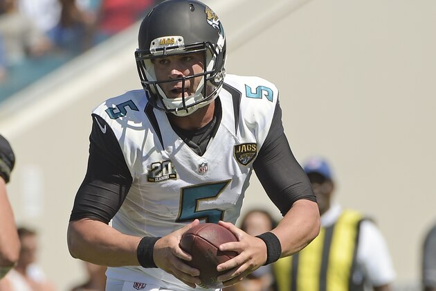 Jacksonville Jaguars quarterback Blake Bortles (5) looks for a receiver against the Indianapolis Colts during the second half of an NFL football game in Jacksonville, Fla., Sunday, Sept. 21, 2014. (AP Photo/Phelan M. Ebenhack)