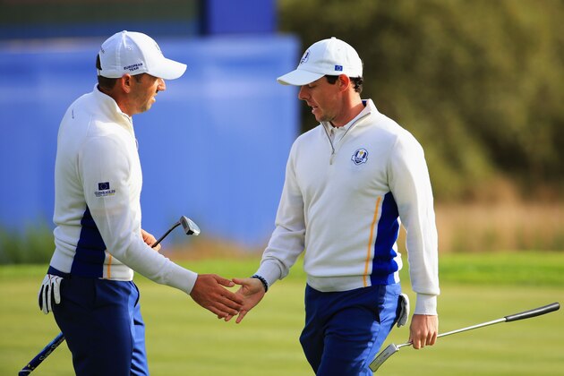 AUCHTERARDER, SCOTLAND - SEPTEMBER 27:  Sergio Garcia of Europe and Rory McIlroy of Europe congratulate each other during the Afternoon Foursomes of the 2014 Ryder Cup on the PGA Centenary course at the Gleneagles Hotel on September 27, 2014 in Auchterarder, Scotland.  (Photo by David Cannon/Getty Images)