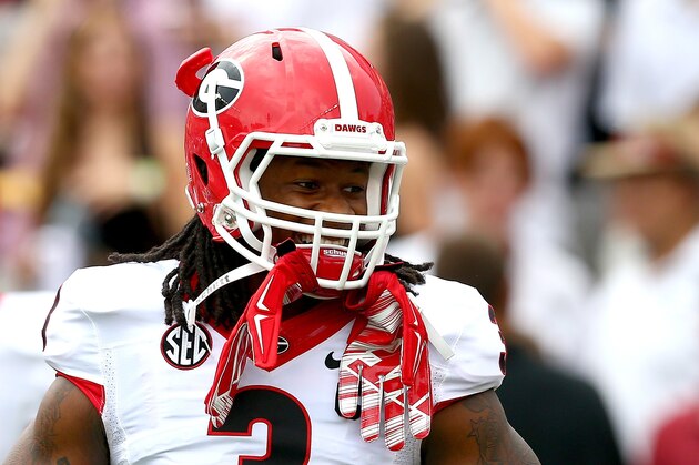 COLUMBIA, SC - SEPTEMBER 13:  Todd Gurley #3 of the Georgia Bulldogs warms up after a weather delay before their game against the South Carolina Gamecocks at Williams-Brice Stadium on September 13, 2014 in Columbia, South Carolina.  (Photo by Streeter Lecka/Getty Images)