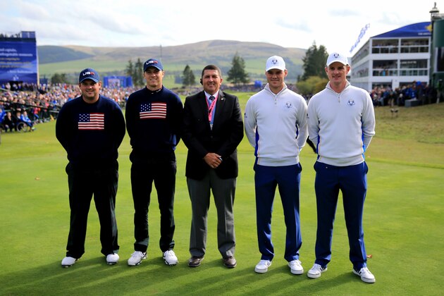 AUCHTERARDER, SCOTLAND - SEPTEMBER 27:  (L-R) Patrick Reed of the United States, Jordan Spieth of the United States, referee Tom Carpus, Martin Kaymer of Europe and Justin Rose of Europe pose on the 1st tee during the Afternoon Foursomes of the 2014 Ryder Cup on the PGA Centenary course at the Gleneagles Hotel on September 27, 2014 in Auchterarder, Scotland.  (Photo by David Cannon/Getty Images)