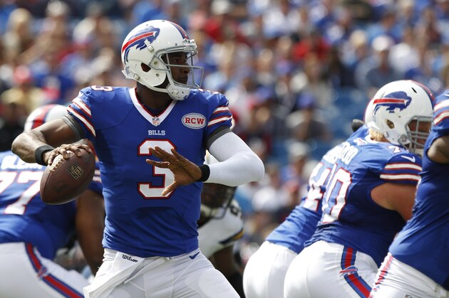Buffalo Bills quarterback EJ Manuel (3) throws a pass during the first half of an NFL football game against the San Diego Chargers Sunday, Sept. 21, 2014, in Orchard Park, N.Y. (AP Photo/Bill Wippert)