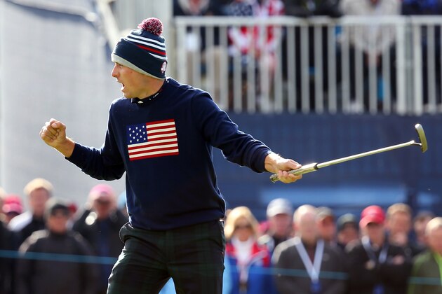 AUCHTERARDER, SCOTLAND - SEPTEMBER 27: Jordan Spieth of the United States celebrates a putt on the 10th hole during the Morning Fourballs of the 2014 Ryder Cup on the PGA Centenary course at the Gleneagles Hotel on September 27, 2014 in Auchterarder, Scotland.  (Photo by Mike Ehrmann/Getty Images)