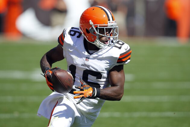 Cleveland Browns wide receiver Andrew Hawkins (16) runs the ball after making a catch against the Baltimore Ravens during an NFL game at the FirstEnergy Stadium in Cleveland on Sunday, Sept. 21, 2014. (Jeff Haynes/AP Images for Panini)