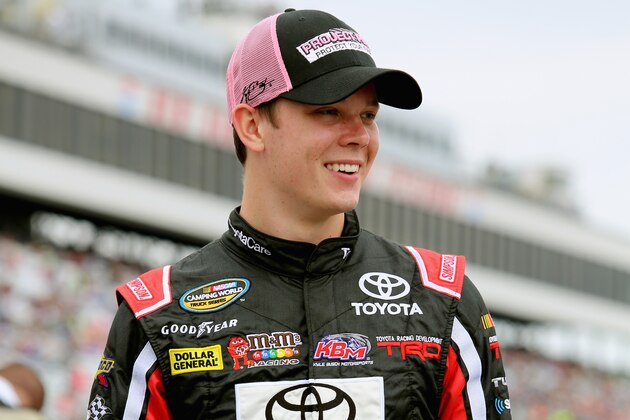 LOUDON, NH - SEPTEMBER 20:  Erik Jones, driver of the #51 ToyotaCare/Project Pink Toyota, is seen during intros prior to the NASCAR Camping World Truck Series UNOH 175 at New Hampshire Motor Speedway on September 20, 2014 in Loudon, New Hampshire.  (Photo by Jerry Markland/Getty Images)