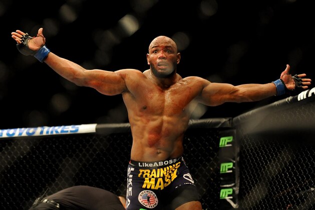 Sep 27, 2014; Las Vegas, NV, USA; Yoel Romero celebrates his knockout victory over Tim Kennedy during a middleweight fight during UFC 178 at MGM Grand Garden Arena. Mandatory Credit: Stephen R. Sylvanie-USA TODAY Sports