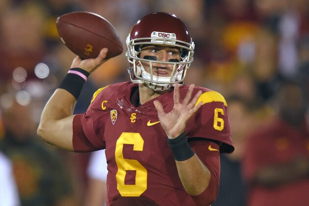 Southern California quarterback Cody Kessler passes the ball during the first half of an NCAA college football game against Oregon State, Saturday, Sept. 27, 2014, in Los Angeles. (AP Photo/Mark J. Terrill)