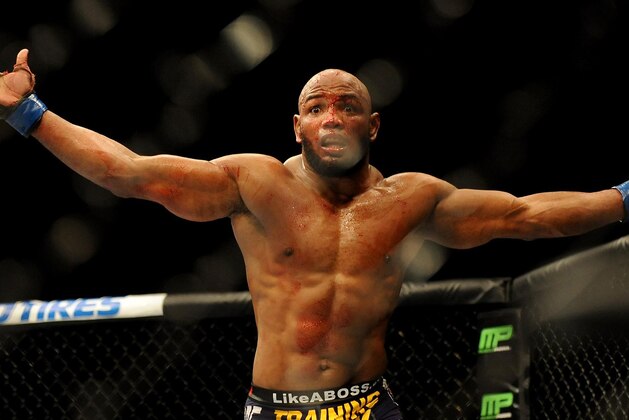 Sep 27, 2014; Las Vegas, NV, USA; Yoel Romero celebrates his knockout victory over Tim Kennedy during a middleweight fight during UFC 178 at MGM Grand Garden Arena. Mandatory Credit: Stephen R. Sylvanie-USA TODAY Sports
