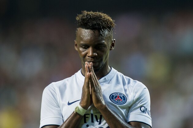 HONG KONG - JULY 29:  Jean-Christophe Bahebeck of Paris Saint-Germain reacts after missing an opportunity to score during the friendly match between Kitchee and Paris Saint-Germain at Hong Kong Stadium on July 29, 2014 in Hong Kong, Hong Kong.  (Photo by Victor Fraile/Getty Images)