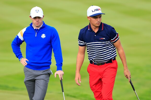 AUCHTERARDER, SCOTLAND - SEPTEMBER 28:  Rory McIlroy of Europe and Rickie Fowler of the United States on the 2nd green during the Singles Matches of the 2014 Ryder Cup on the PGA Centenary course at the Gleneagles Hotel on September 28, 2014 in Auchterarder, Scotland.  (Photo by Harry How/Getty Images)