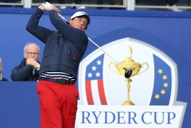 Phil Mickelson of the US plays a shot off the 1st tee during the singles match on the final day of the Ryder Cup golf tournament at Gleneagles, Scotland, Sunday, Sept. 28, 2014. (AP Photo/Scott Heppell)