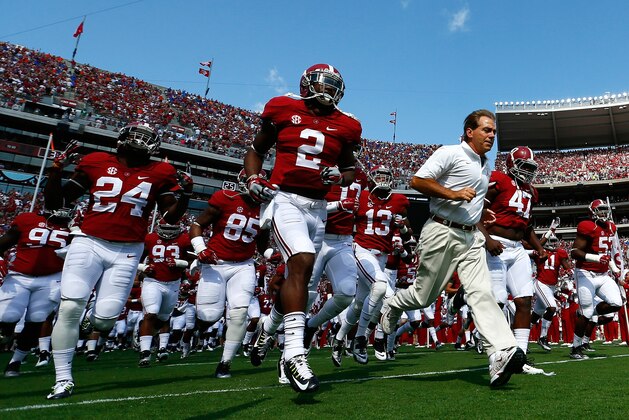 TUSCALOOSA, AL - SEPTEMBER 20:  Head coach Nick Saban of the Alabama Crimson Tide leads his team onto the field prior to the game against the Florida Gators at Bryant-Denny Stadium on September 20, 2014 in Tuscaloosa, Alabama.  (Photo by Kevin C. Cox/Getty Images)