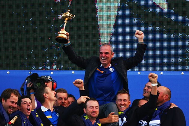 AUCHTERARDER, SCOTLAND - SEPTEMBER 28:  Europe team captain Paul McGinley celebrates winning the Ryder Cup with his team after the Singles Matches of the 2014 Ryder Cup on the PGA Centenary course at the Gleneagles Hotel on September 28, 2014 in Auchterarder, Scotland.  (Photo by Mike Ehrmann/Getty Images)