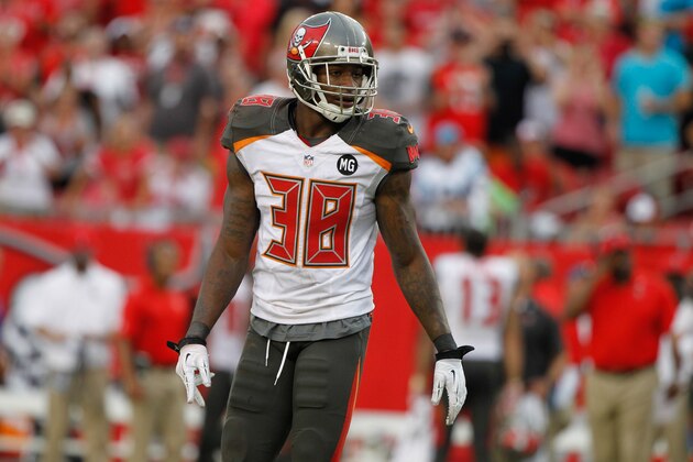 Sep 7, 2014; Tampa, FL, USA; Tampa Bay Buccaneers free safety Dashon Goldson (38) against the Carolina Panthers during the second half at Raymond James Stadium. Carolina Panthers defeated the Tampa Bay Buccaneers 20-14. Mandatory Credit: Kim Klement-USA TODAY Sports