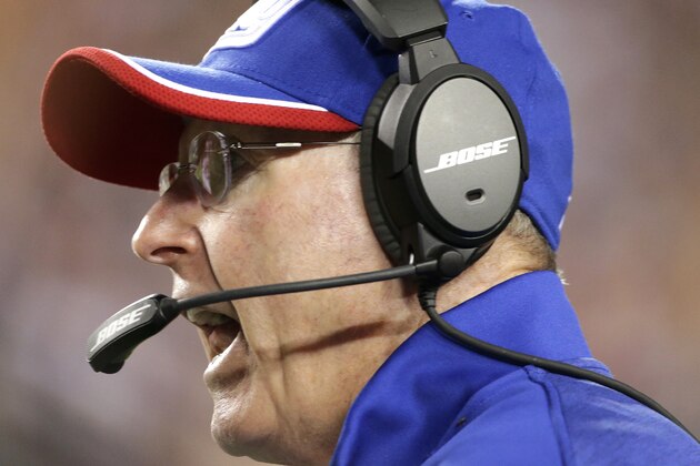 New York Giants head coach Tom Coughlin yells instructions to the field during the first half of an NFL Thursday night football game against the Washington Redskins in Landover, Md., Thursday, Sept. 25, 2014. (AP Photo/Mark Tenally)
