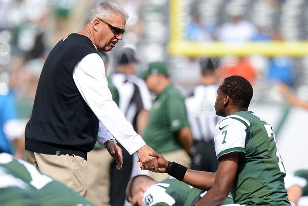 EAST RUTHERFORD, NJ - SEPTEMBER 28:  Head Coach Rex Ryan shakes hands with  Geno Smith #7 of the New York Jets during warm ups for their game against the Detroit Lions at MetLife Stadium on September 28, 2014 in East Rutherford, New Jersey.  (Photo by Ron Antonelli/Getty Images)