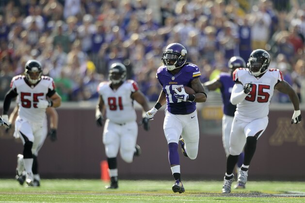 MINNEAPOLIS, MN - SEPTEMBER 28: Jarius Wright #17 of the Minnesota Vikings carries the ball against the Atlanta Falcons during the first quarter of the game on September 28, 2014 at TCF Bank Stadium in Minneapolis, Minnesota. (Photo by Hannah Foslien/Getty Images)