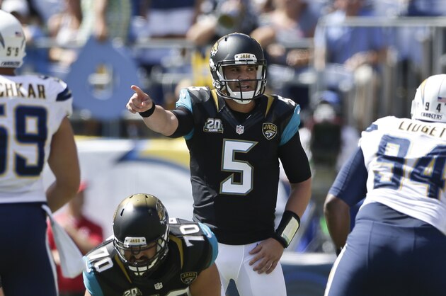 Jacksonville Jaguars quarterback Blake Bortles, making his first start in the NFL, makes adjustments at the line of scrimmage against the San Diego Chargers during the first half an NFL football game Sunday, Sept. 28, 2014, in San Diego. (AP Photo/Gregory Bull) Jacksonville Jaguars quarterback Blake Bortles, making his first start in the NFL, makes adjustments at the line of scrimmage against the San Diego Chargers during the first half an NFL football game Sunday, Sept. 28, 2014, in San Diego. (AP Photo/Gregory Bull)